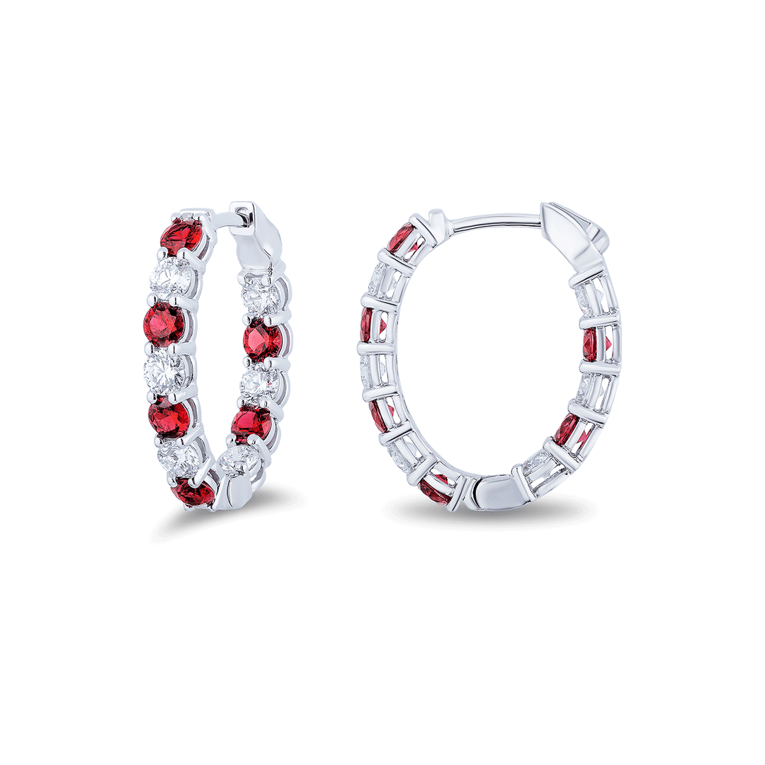18k Gold Alternating Diamond and Ruby 2.16 Total Weight Hoops