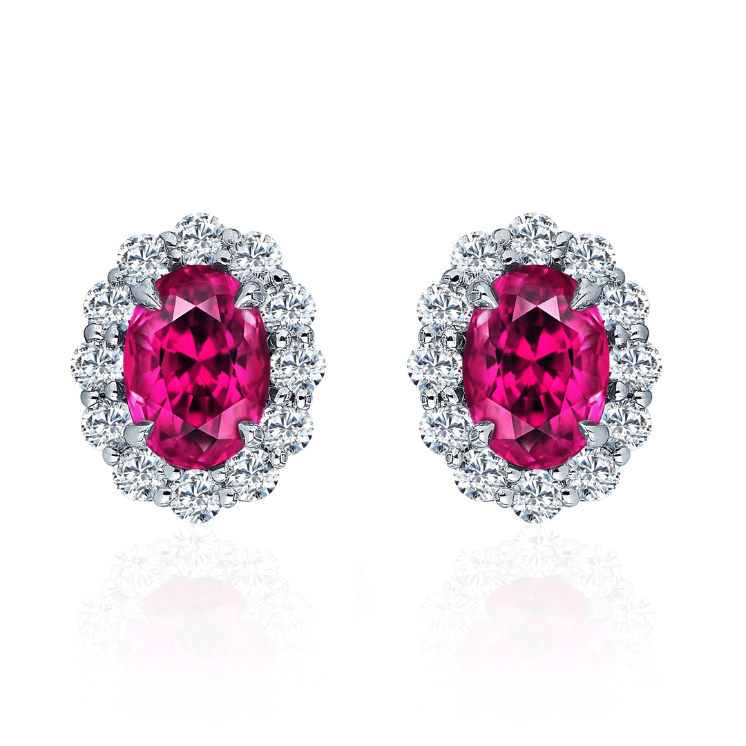 14k Gold 2.15 Total Weight Oval Ruby and Diamond Halo Studs