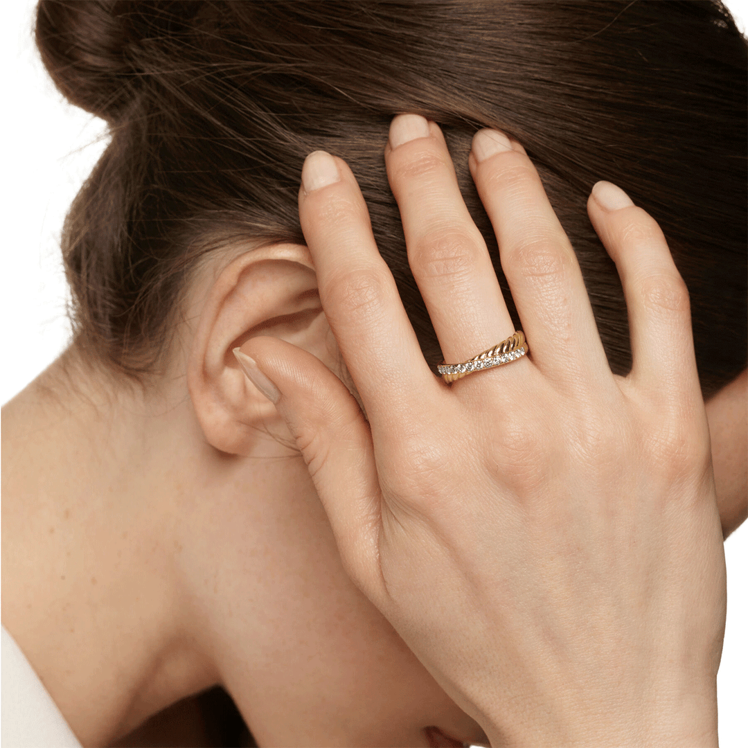 David Yurman Crossover Two Row Ring 18K Yellow Gold with Diamonds, 5mm