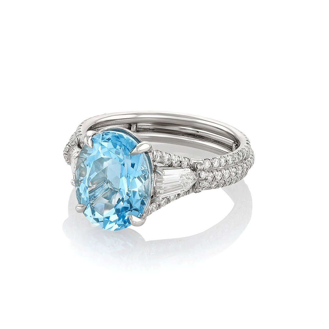 Platinum Oval Aquamarine 3.22 Total Weight and Diamond Ring