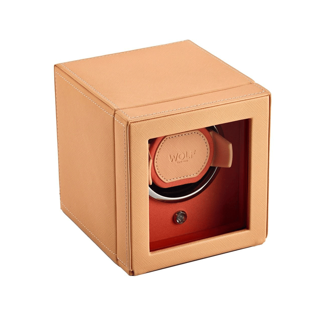 Wolf Designs Cub Single Watch Winder with Cover Peach/Orange