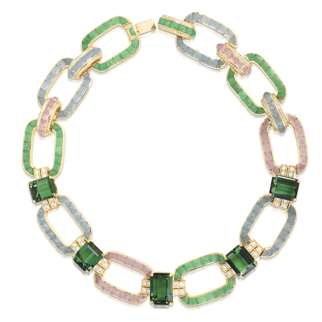 Private Reserve 18k Yellow Gold Green Tourmaline 94.26 Total Weight and Diamond Necklace