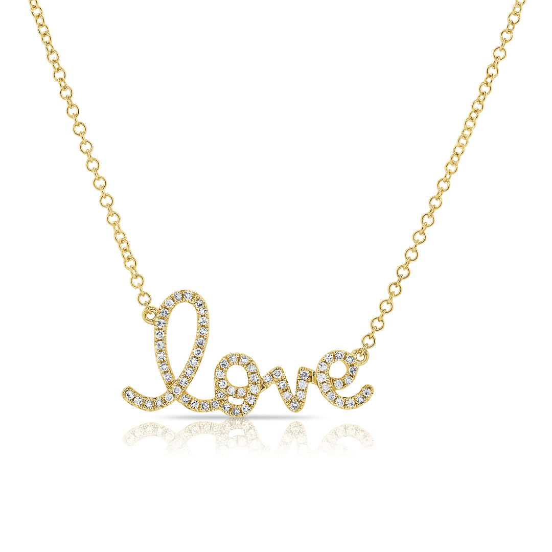 14k Yellow Gold and Diamond .30 Total Weight Script Love Necklace