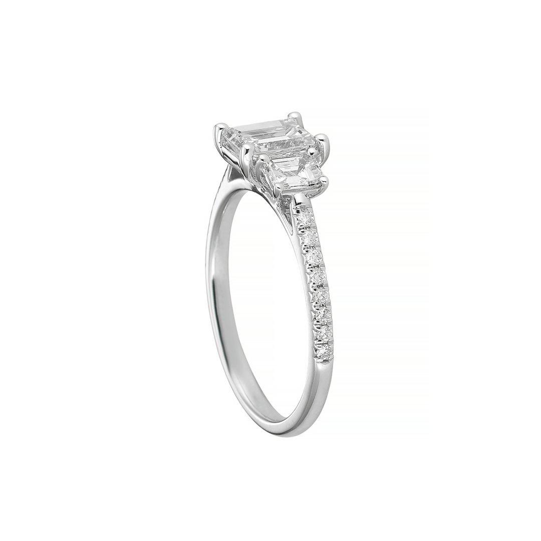 18k White Gold Three Stone Diamond Emerald Cut Engagement Ring