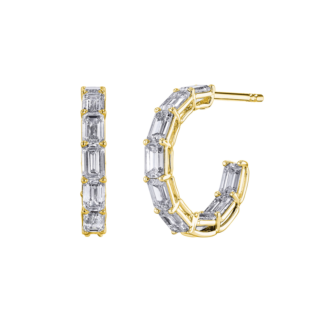 18k Yellow Gold and 2.86 Total Weight Emerlad Cut Diamond In and Out Hoops