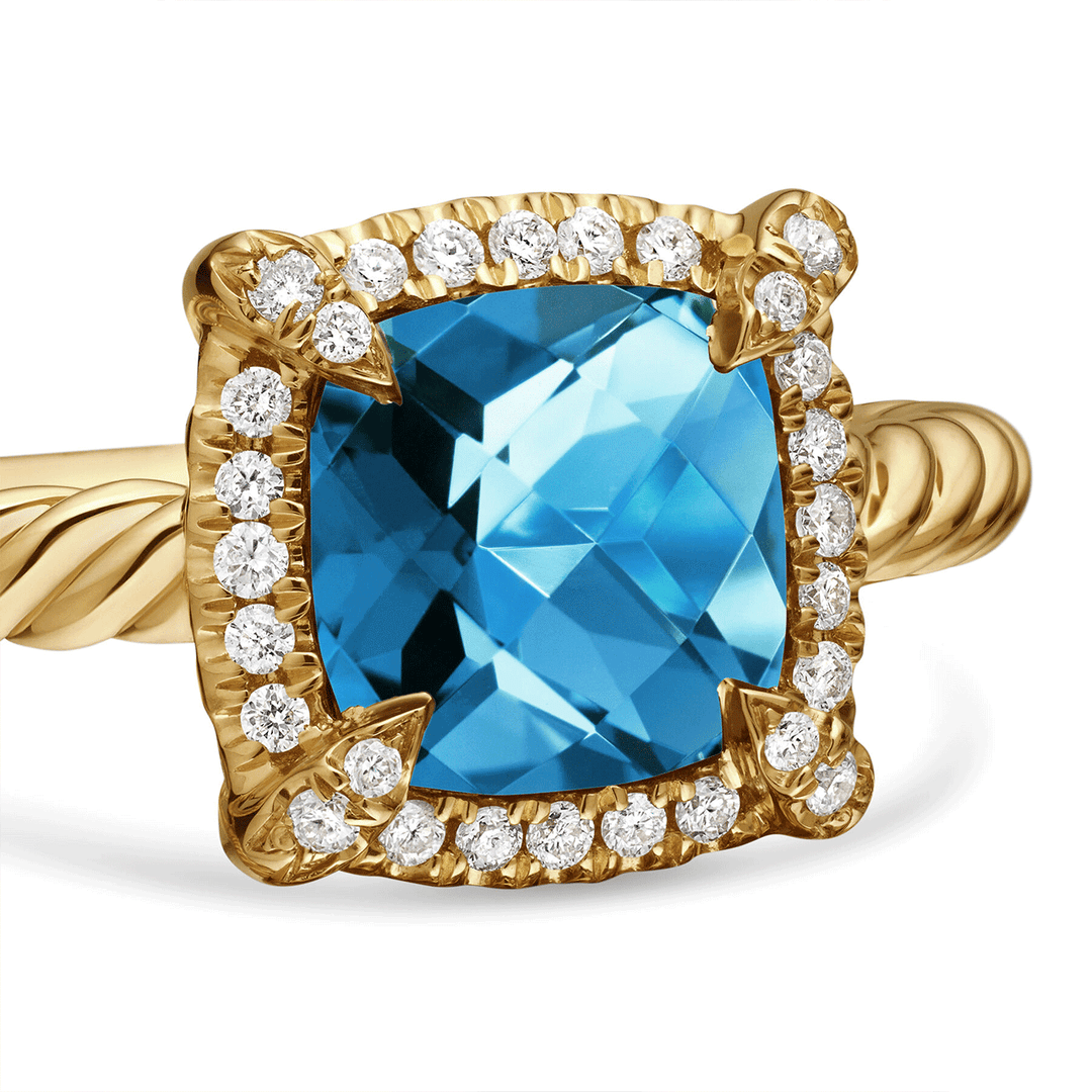 David Yurman Petite Chatelaine® Pavé Bezel Ring 18K Yellow Gold with Hampton Blue Topaz and Diamonds, 7mm
