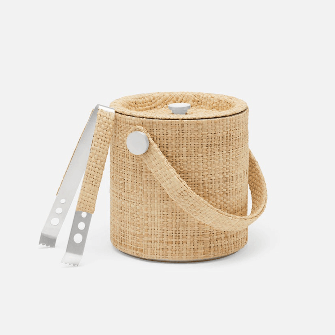 Natural Silver Ice Bucket W/ Tongs Round Raffia