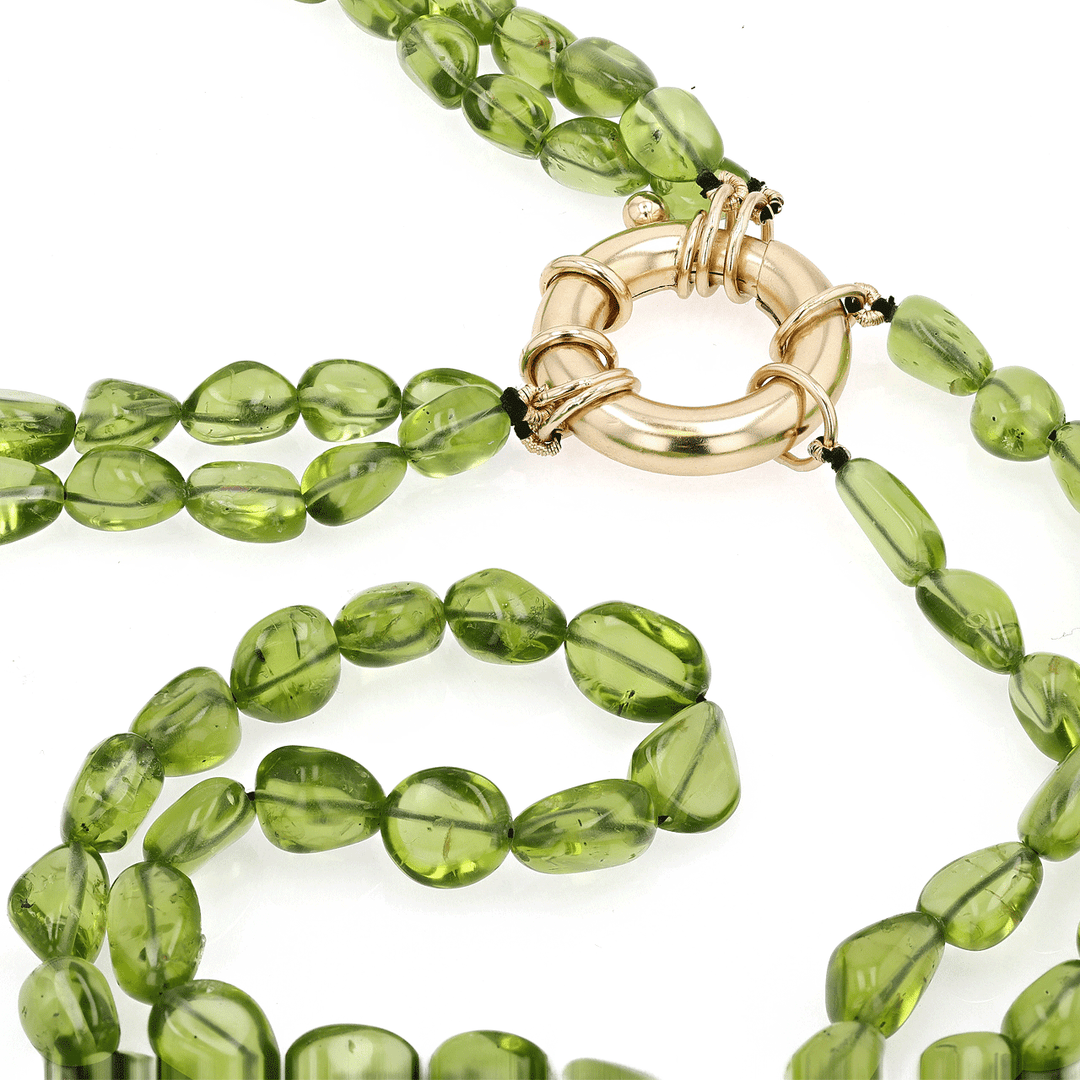 14k Yellow Gold and Peridot Bead Three strand Necklace