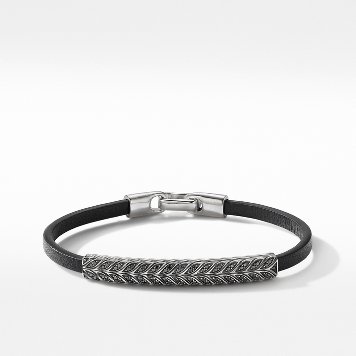 David Yurman Chevron ID Bracelet Black Leather with Black Diamonds and Sterling Silver, 6.6mm